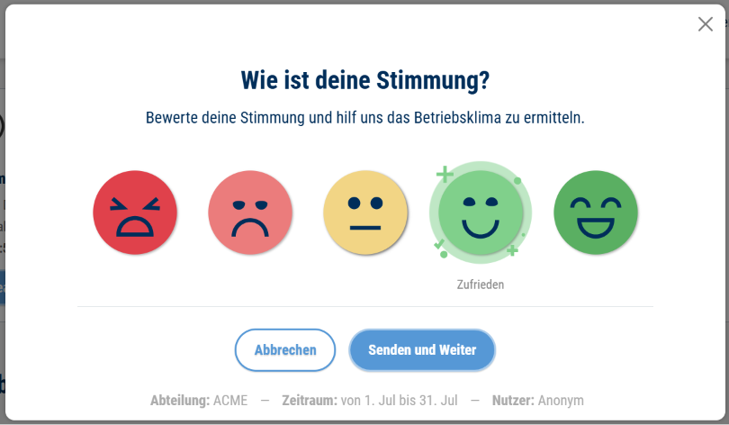 CompanyMood mood rating dialog with a five-level smiley scale, from unhappy to happy